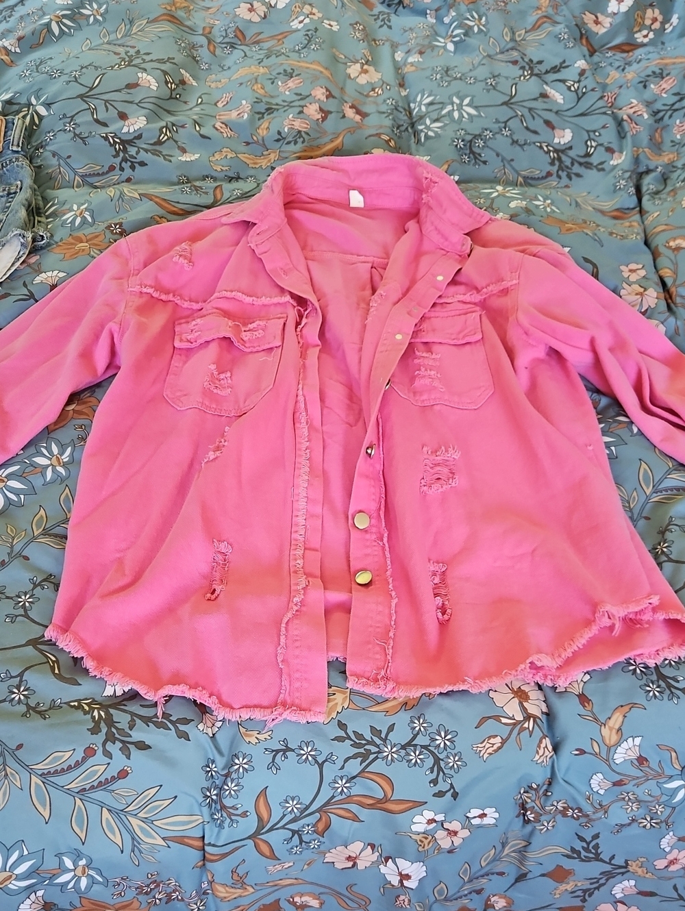 Women’s Pink Distressed Button-Front Jacket